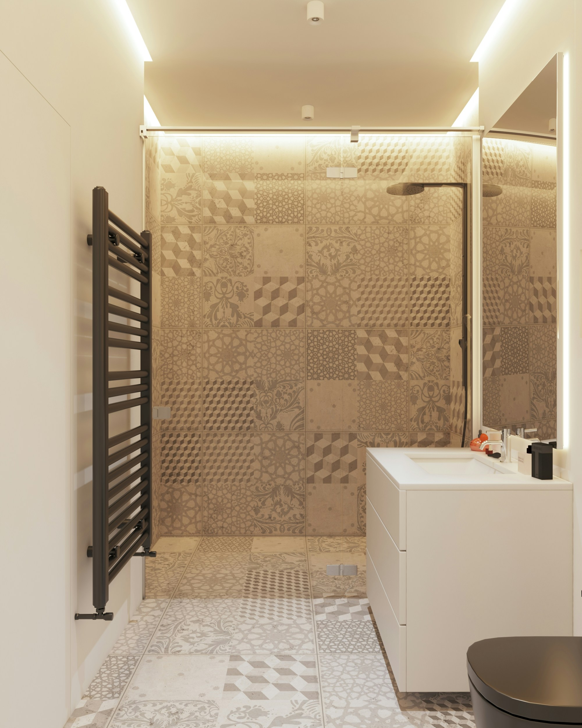Bathroom floor tiles in driftwood tones bring the beach indoors.