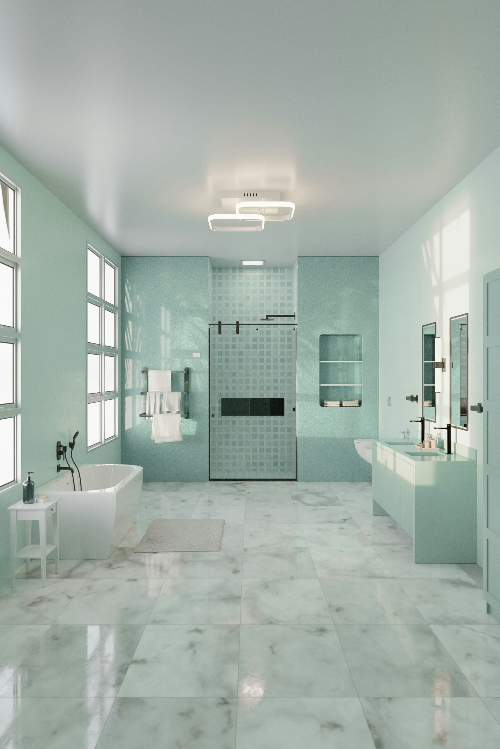 Light tones and ocean-hued tiles create a refreshing bathroom vibe.