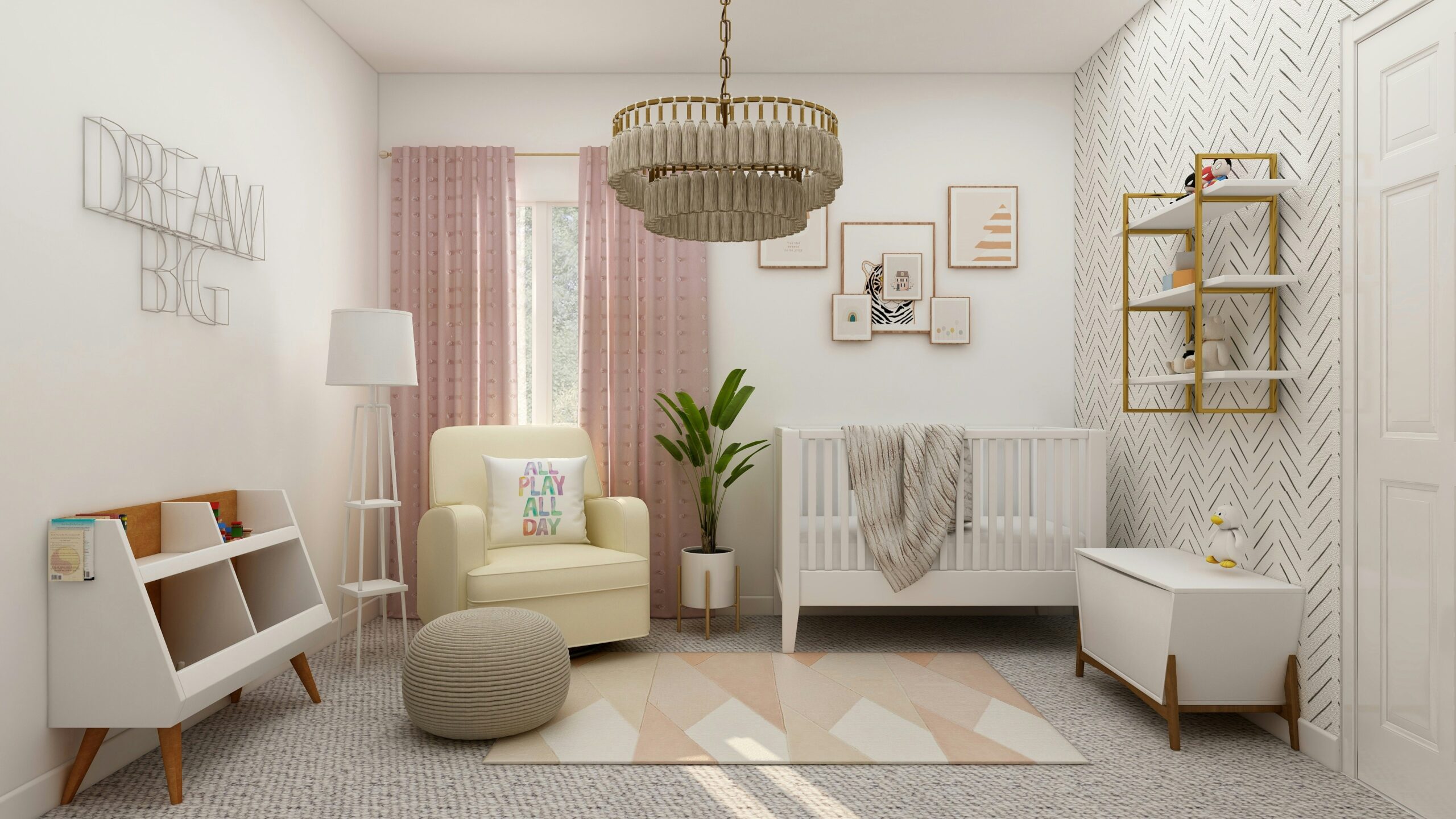 Small home renovations contractors created this playful nursery with ceiling paint and built-in storage.