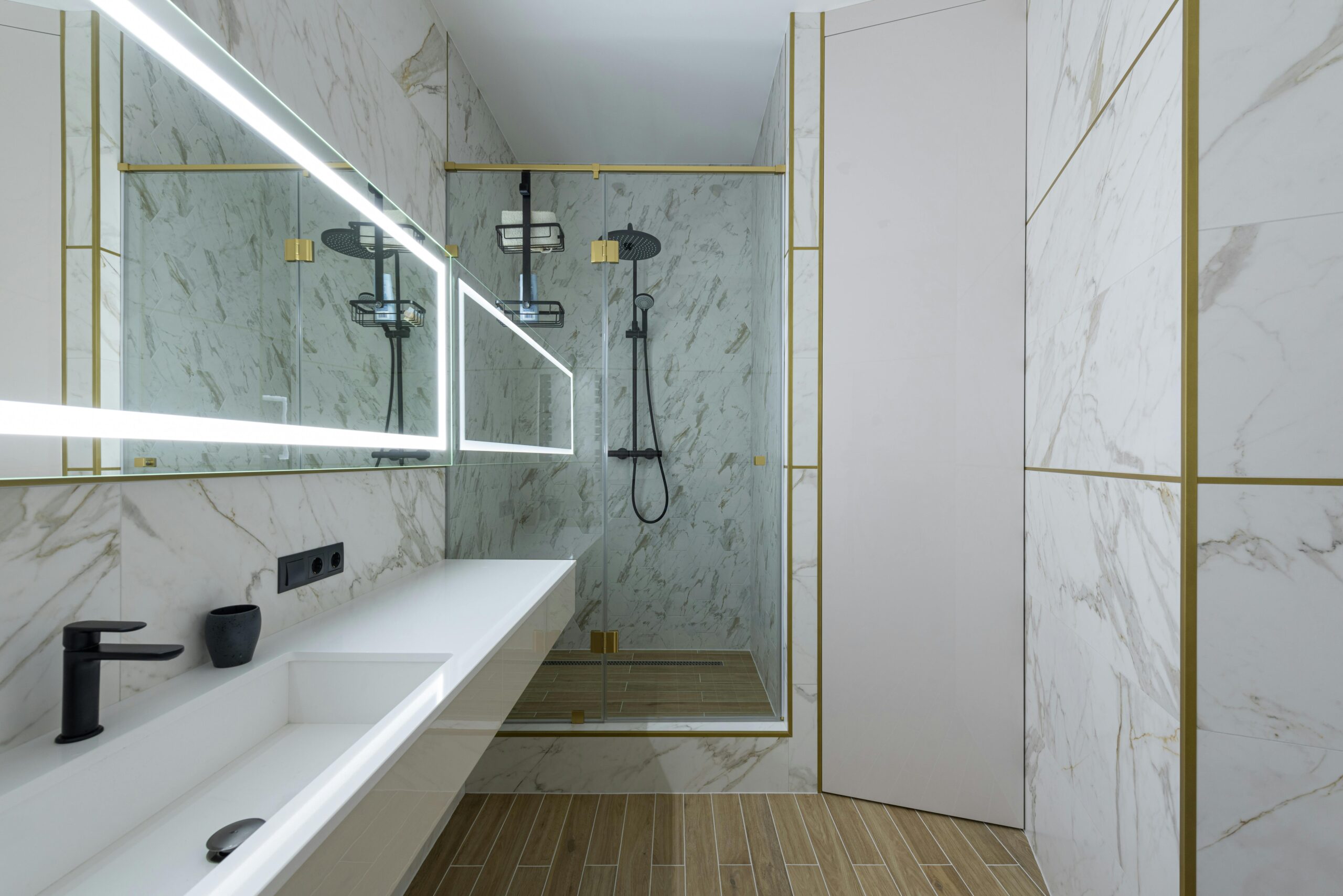 Walk-in tub and gold accents for a truly luxurious escape.