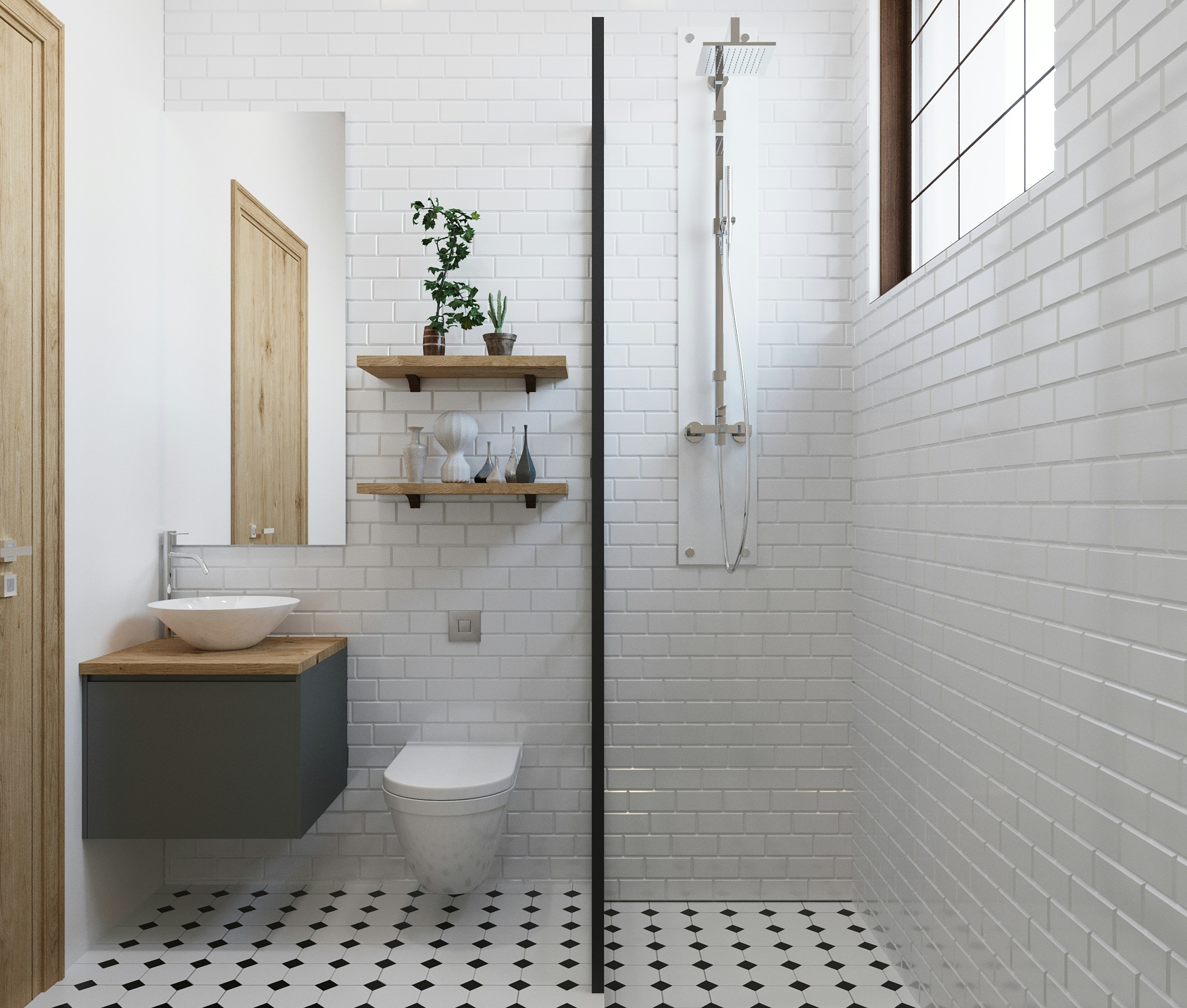 Zen-inspired shower floor tile adds texture to this minimalist space.